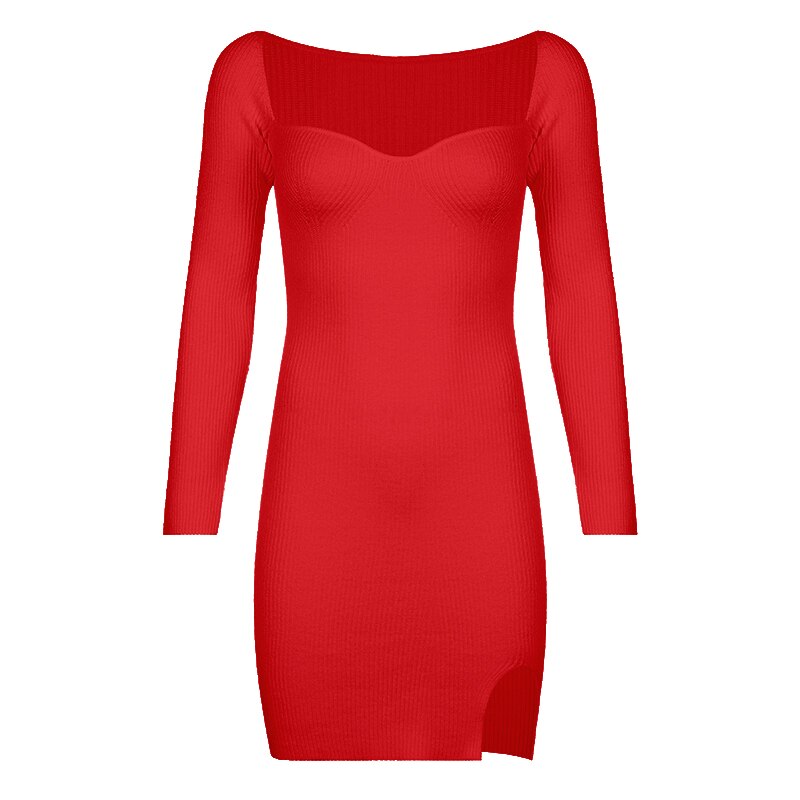 flowersverse Basic Split Knitted Dress Autumn Winter Sexy Slim Square Collar Long Sleeve Mini Dresses For Women Elegant Fashion