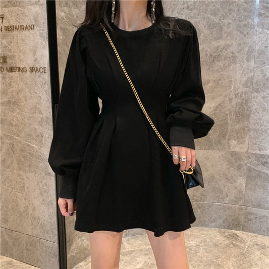 flowersverse Autumn Black Mini Dress Spring Fashion Korean Style Wrap Long Sleeve Pleated Dress Casual Wrap Streetwear Women Kpop