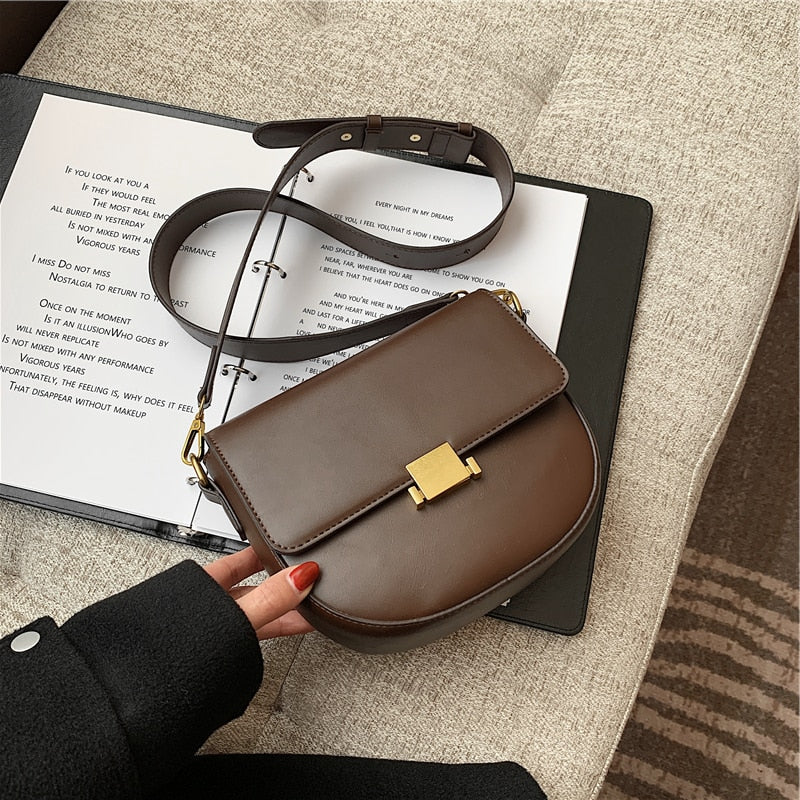 flowersverse Back to school Vintage Semicircle Saddle Shoulder Crossbody Bags For Women Brand Designer Push Lock Small Ladies Handbags Trends