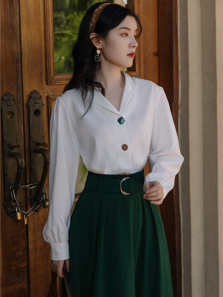 flowersverse Back to school Modern Vintage Style Outfits For Office Lady Elegant Long Sleeve White Blouse Female Tops & Green Maxi Skirt With Belt Women Set