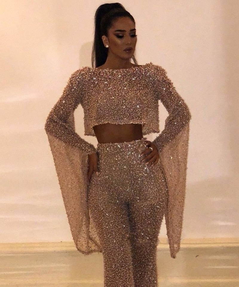 flowersverse Fashion Clock Sleeve Shirt High Waist Pants Sequins Two Long Sleeve Open-Back Jumpsuit Pants