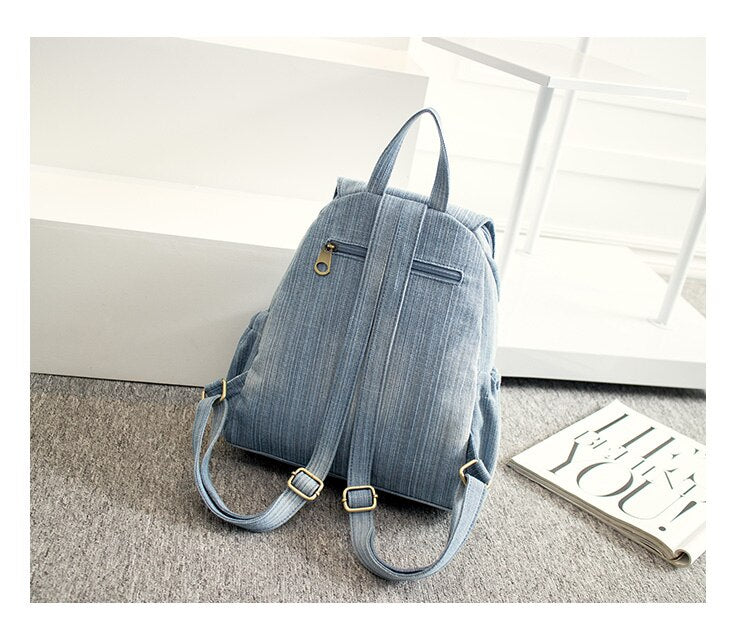 flowersverse Back to school Casual Denim Women Backpack Large Capacity High Quality Canvas Jeans Student Schoolbag Travel Knapsack Rucksack Mochila Blue