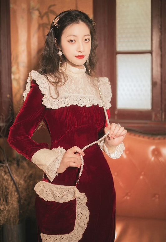flowersverse Back to school Vintage Burgundy Velvet Short Dress With Bag Retro Lace Stand Collar Petal Sleeve Woman Dresses Party Night Vestido Festa