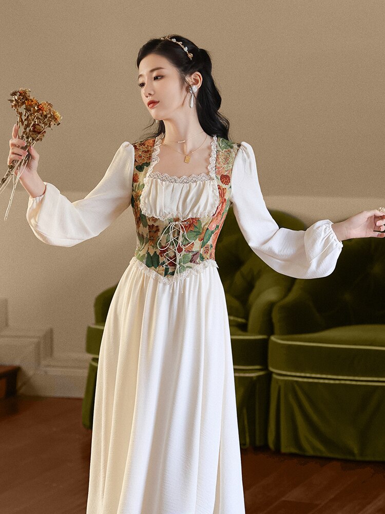 flowersverse Back to school outfit Style Retro Corset Dress Vintage Oil Painting Jacquard Lace Square Collar Bandage Princess Dresses Royal Vestido Festa