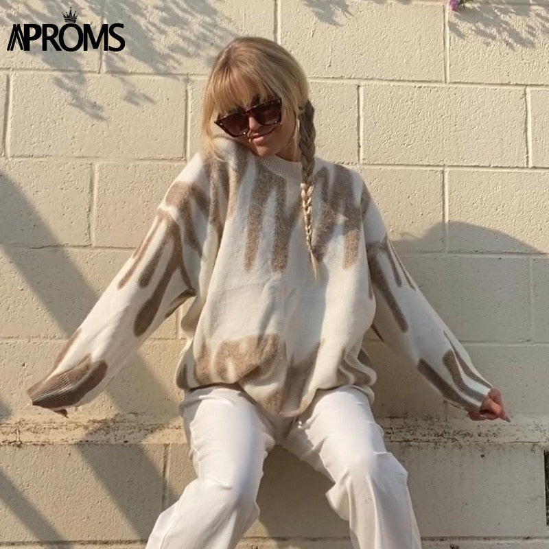 flowersverse Aproms Korean Fashion Khaki Stripes Print Loose Sweaters Women Winter Hip-Pop Oversized Long Pullovers Streetwear Outerwear K23
