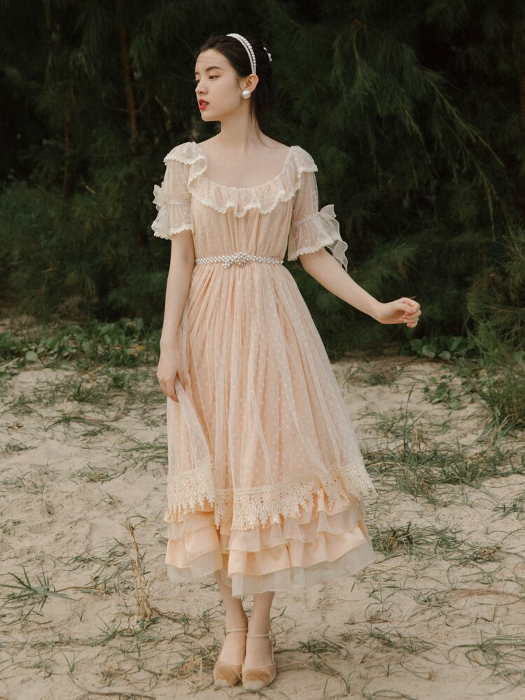 flowersverse Back to school outfit Summer Lace Princess Dress Women Sweet Dot Bow Petal Sleeve Ruffles Suqare Collar Fairy Dresses Vintage Vestido Party Night