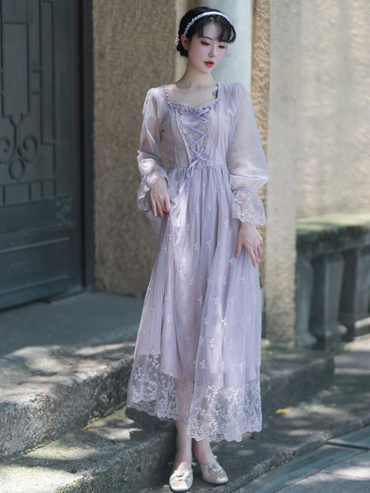 flowersverse Back to school outfit Light Purple Mesh Lace Fairy Dress Vintage French Embroidery Flare Sleeve Bandage Romantic Princess Dresses Mori Vestidos Faldas