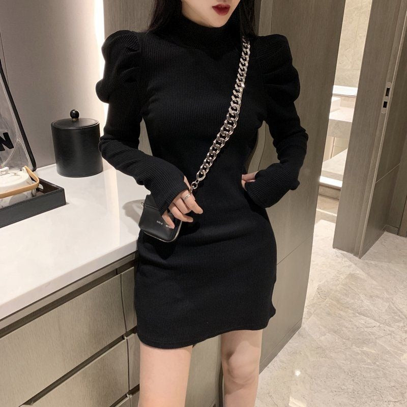 flowersverse Autumn Knitted One-Piece Dress Korean Women Winter Warm Puff Long Sleeve Sexy Mini Dress Bodycon Black Dresses Kpop
