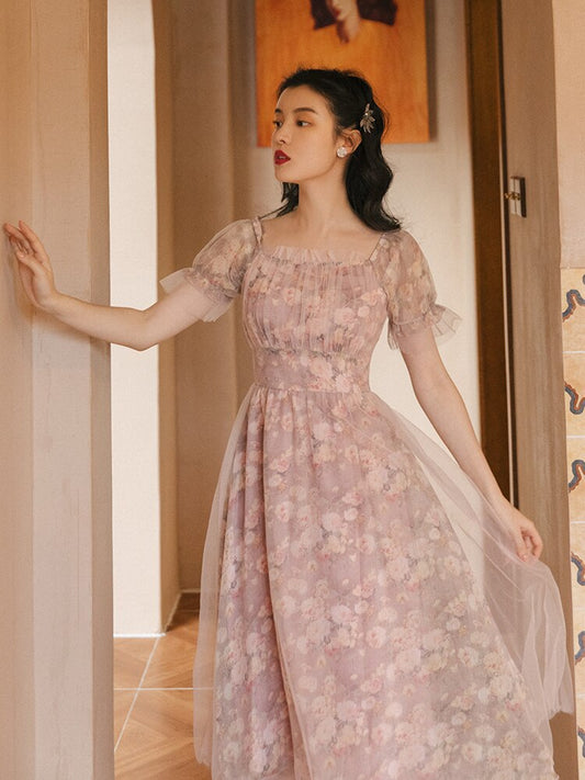 flowersverse Back to school outfit Cottage Summer Print Flower Mesh Dress Vintage Women Square Collar Puff Sleeve Soft Princess Dresses For Holiday Party Night