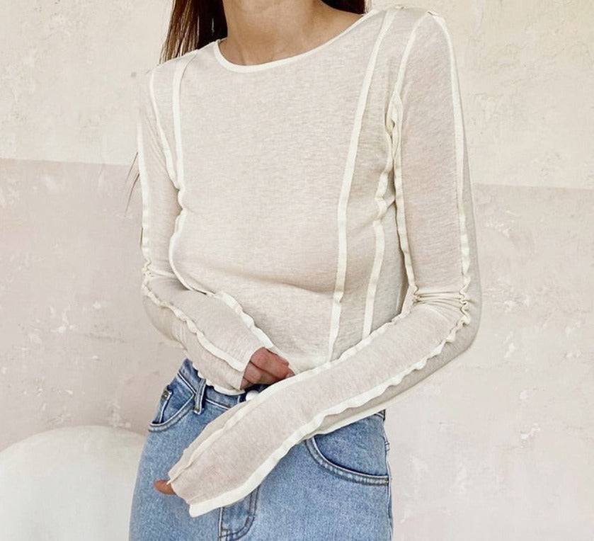 flowersverse Bodycon White O-Neck Women'S T-Shirt Elegant Yellow Long Sleeve Fall Tee Shirt Casual Slim Elastic Solid Top Female