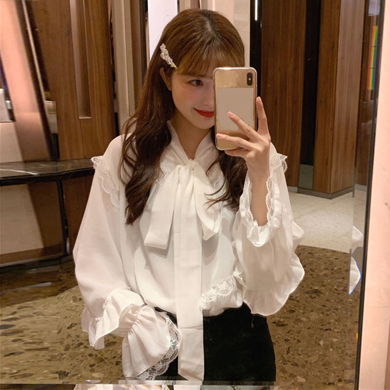 flowersverse Back to school outfit Elegant Lace Up Bow Collar Solid Blouse Women Lace Patchwork Flare Long Sleeve Loose Blusas Ol Shirt Spring New