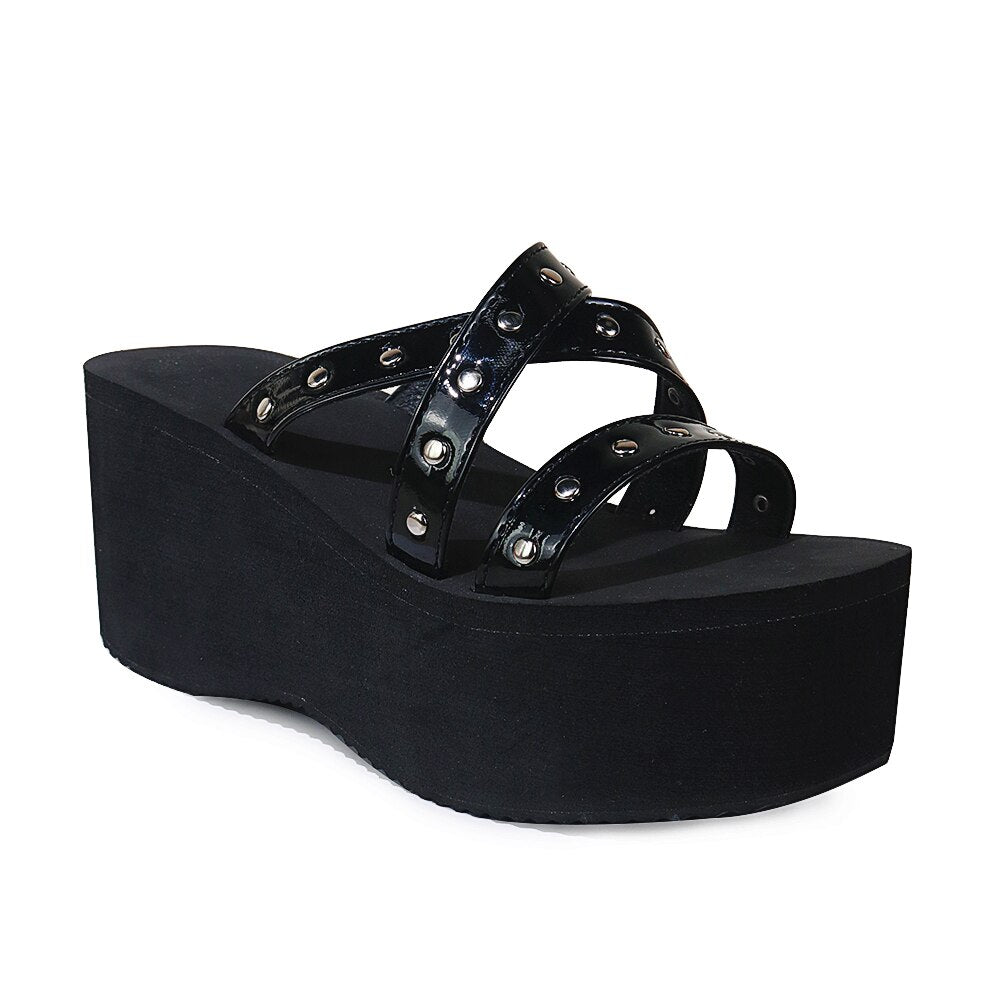 flowersverse Summer Double Strap Buckles Platform Wedges Fashion Goth Slippers Hot Women's Matal Sandal For Comfy Black Shoes
