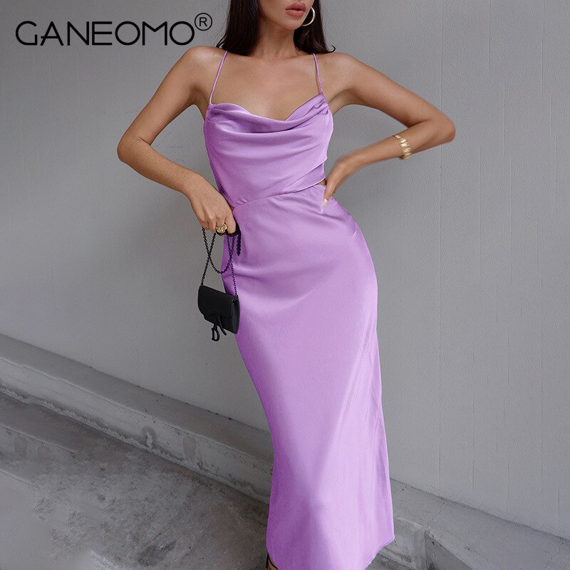 Satin Midi Dresses for Women Elegant Ruched Party Evening Bodycon Slip Long Dress Summer Spaghetti Strap Club Outfits