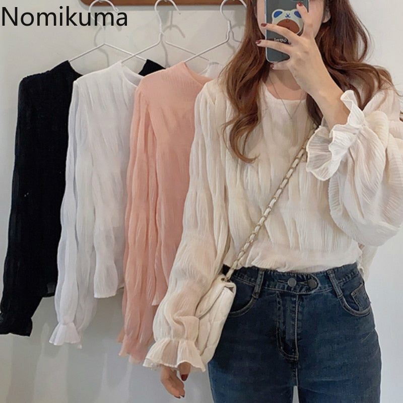 flowersverse Blusas Mujer Autumn New Korean Shirt O Neck Long Sleeve Elegant Blouse Women Solid Color Casual Fashion Tops 3c798
