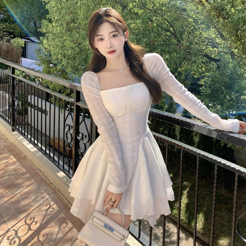 flowersverse Autumn Winter Elegant Kawaii Dress Women Solid Bodycon Sexy Party Mini Dress Female Korean Fashion Designer Chic Dress New