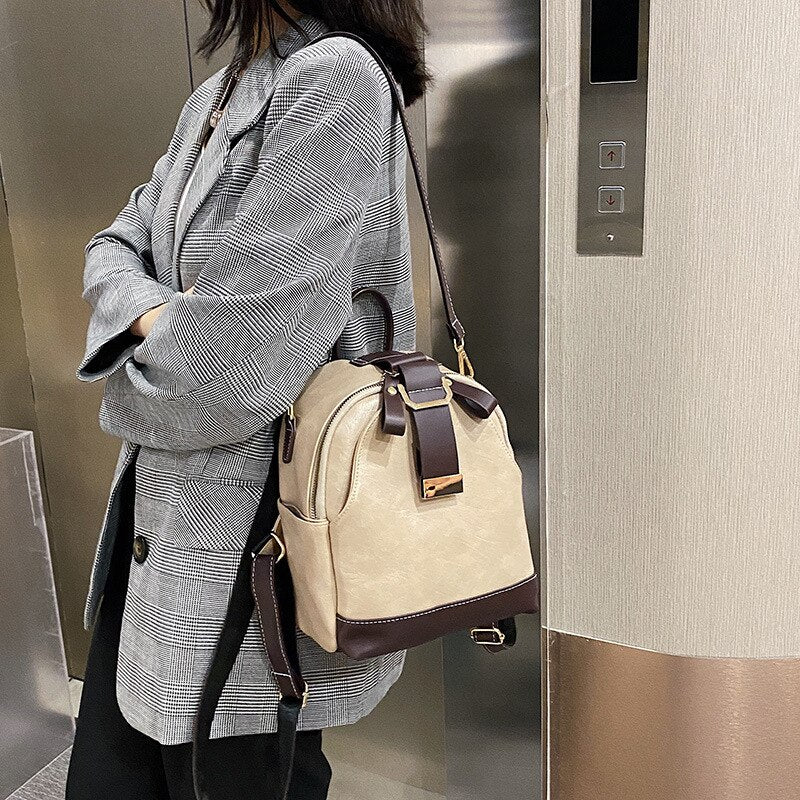 flowersverse Back to school Vintage Patchwork Women Backpack Small Luxury Design Female Shoulder Bag Ladies Totes PU Leather Schoolbag Backpacks Bagpack