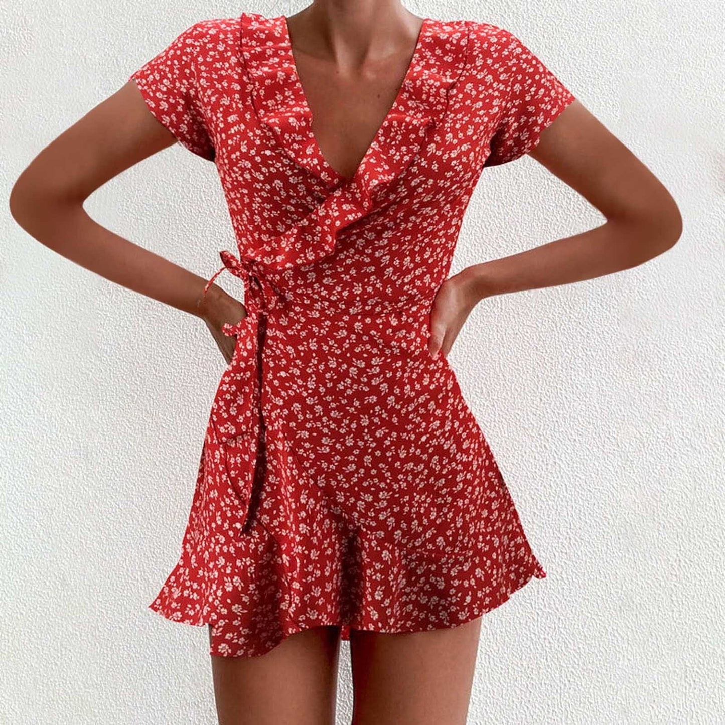 flowersverse Women Dress Boho Floral Ruffle Short Mini Dress Summer Knot V-Neck Party Holiday Dress Femme Vestido De Mujer