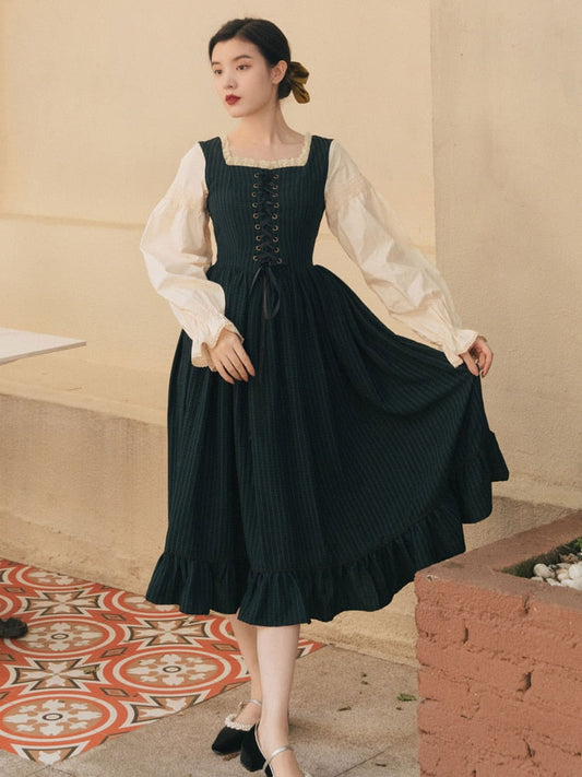 flowersverse Back to school 2 Colors Mori Girl Woman Plaid Dress Vintage Cottage Style Bandage Flare Sleeve Prairie Dresses French Royal Court Vestido Festa