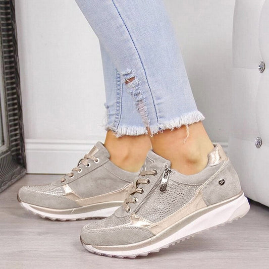 flowersverse Women Casual Shoes New Fashion Wedge Flat Shoes Zipper Lace Up Comfortable Ladies Sneakers Female Vulcanized Shoes