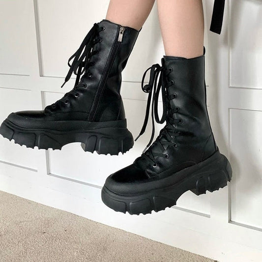 flowersverse Black Leather Women's Mid Calf Boots Autumn Winter Goth Platform Shoes Designer Harajuku Punk Footwear