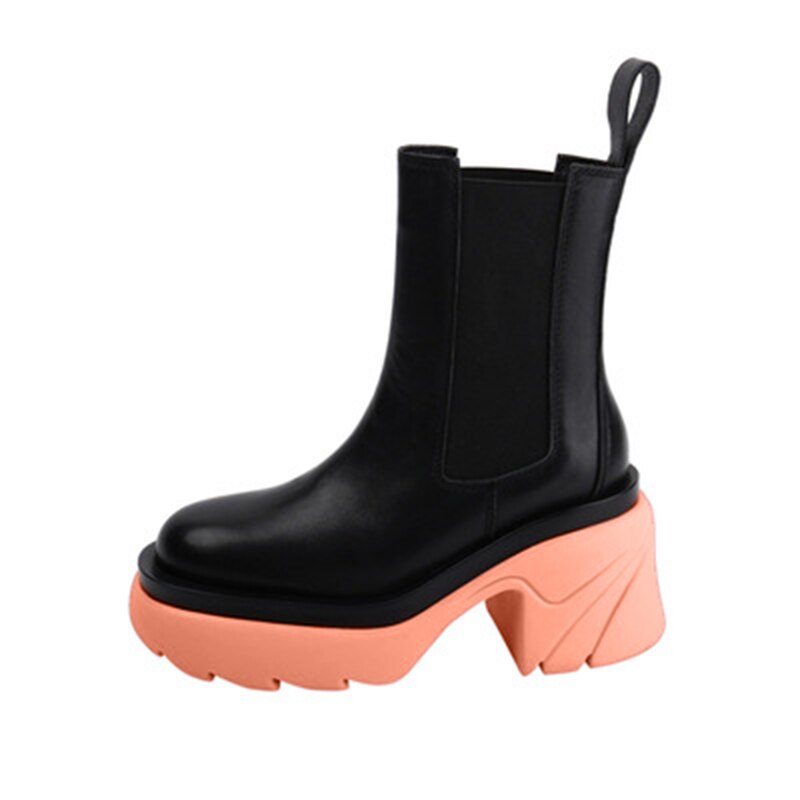 flowersverse Ankle Boots Metal Chain Slip On Thich Platform Short Boots Ladies Mixed Color Autumn Winter Shoes Female Chelsea Fashion