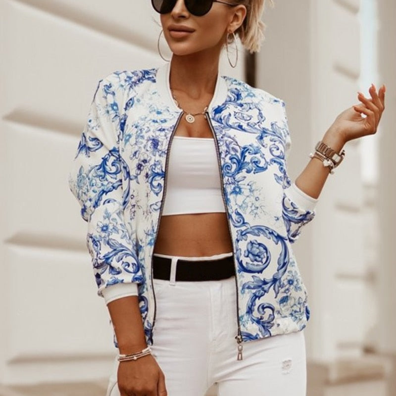 flowersverse Flower Print Long Sleeve Women's Bomber Jacket Fashion Zipper Up Vintage Coat Tops Elegant Slim Basic Ladies Jackets Outwear
