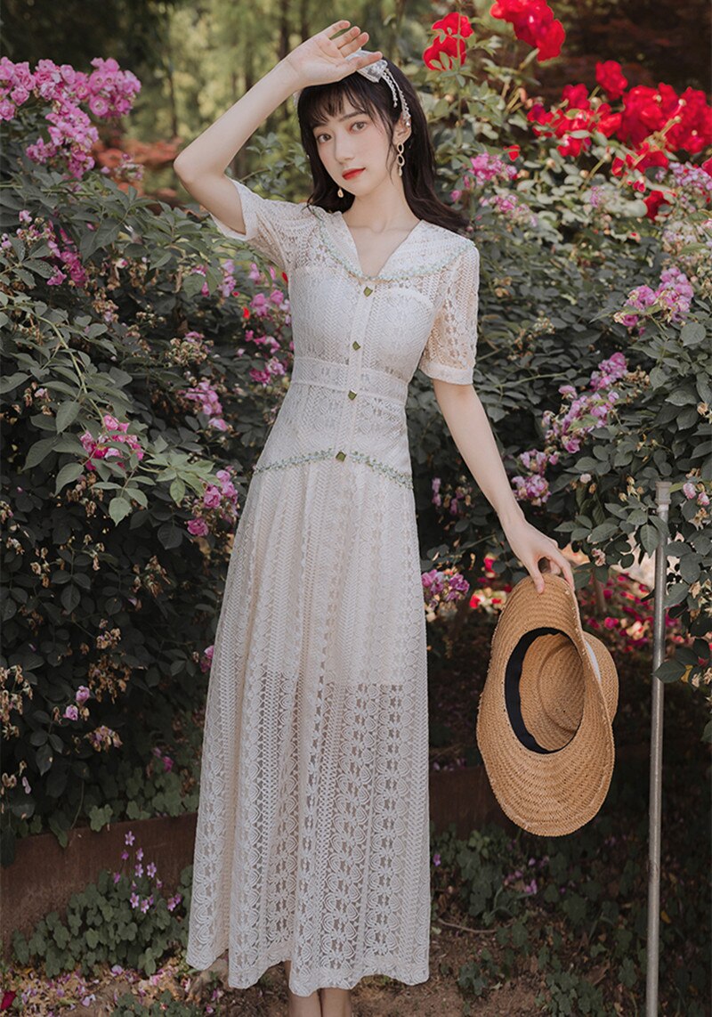 flowersverse Back to school outfit Summer Women Lace Fairy Dress For Slim Lady Vintage Cottage Hollow Out Short Sleeve Casual Long Dresses Elegant Vestido Festa