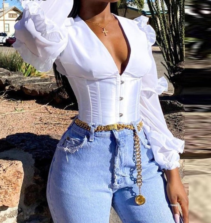 flowersverse Spring Eyelet Lace-up Frill Hem Backless Crop Top Women Long Sleeve Shirt Cotton Blouse 1119