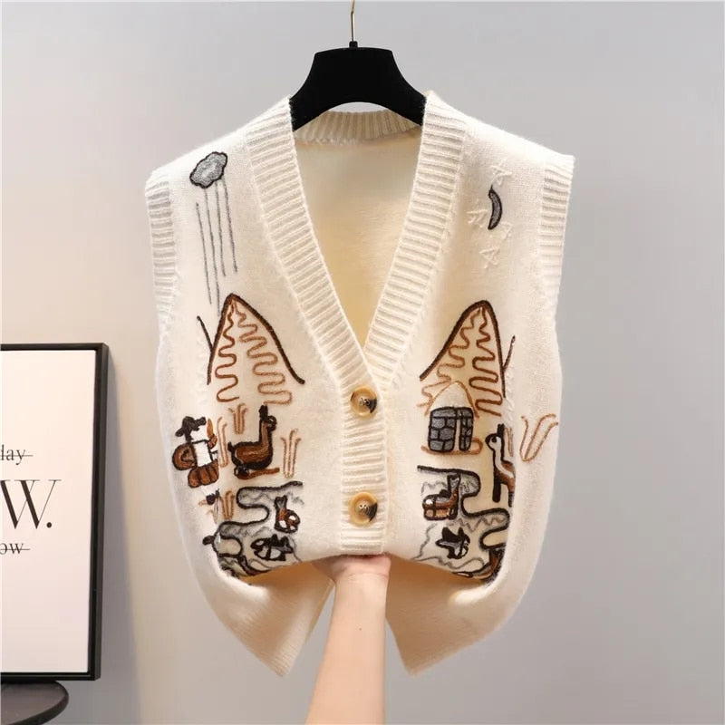 flowersverse Autumn Sweater Knitted Vest Korean Top For Women Clothing Oversize Vintage Sleeveless Korean Fashion Harajuku V-Neck Cardigans