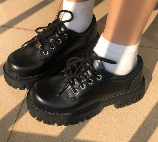 flowersverse Black Vintage Shoes Women autumn Fashion Comfortable Lace Up Platform Oxford Loafers Casual Boat Shoes Lolita Shoes Platform