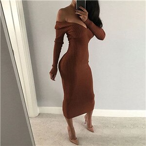 flowersverse Spring Autumn Deep V-Neck Casual Knitted Dress Women Fashion Long Sleeve Sweater Dresses Package Hip Long Dress