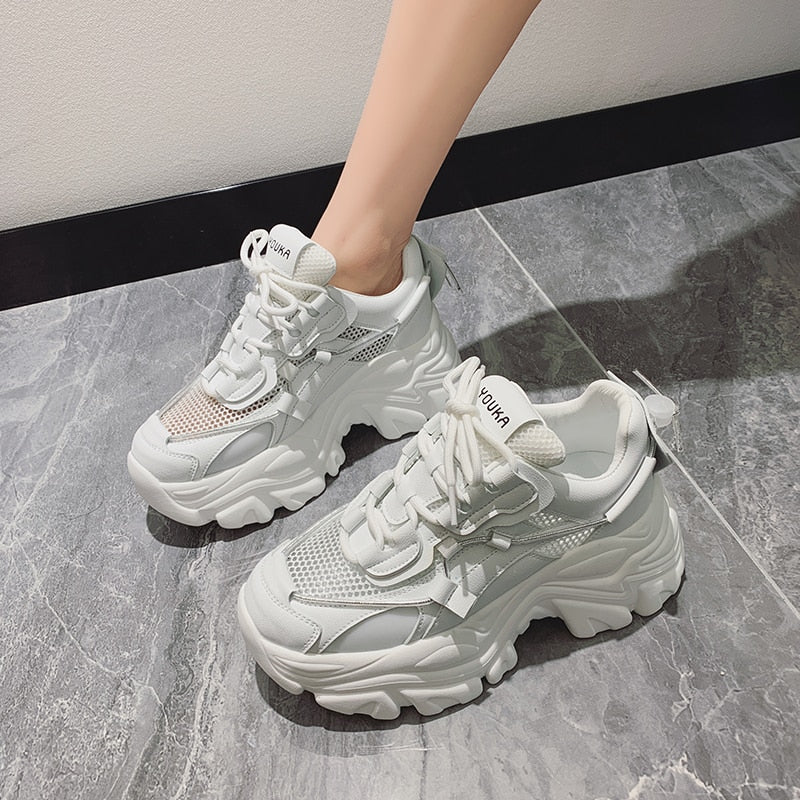 flowersverse Spring Women Chunky Sneakers Fashion Solid Color Platform Shoes Lace Up Breathable Mesh Vulcanize Shoes Women Casual Shoes
