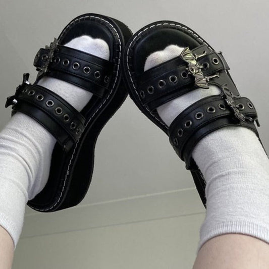 flowersverse Summer Double Strap Buckles Platform Wedges Fashion Goth Slippers Hot Women's Matal Sandal For Comfy Black Shoes