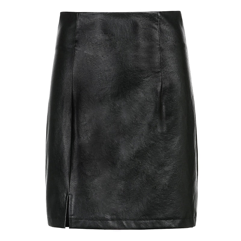 flowersverse Black Split Mini Black Leather Skirt Women Korean Fashion High-waisted Punk Style Bodycon Goth Sexy Skirts Female