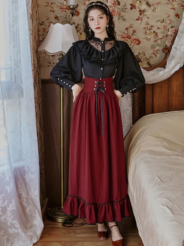 flowersverse Back to school outfit Korean Style Elegant Women Suits Vintage Lantern Sleeve Casual Black Shirt & Burgundy Stripe Long Maxi Skirt For Slim Lady Sets