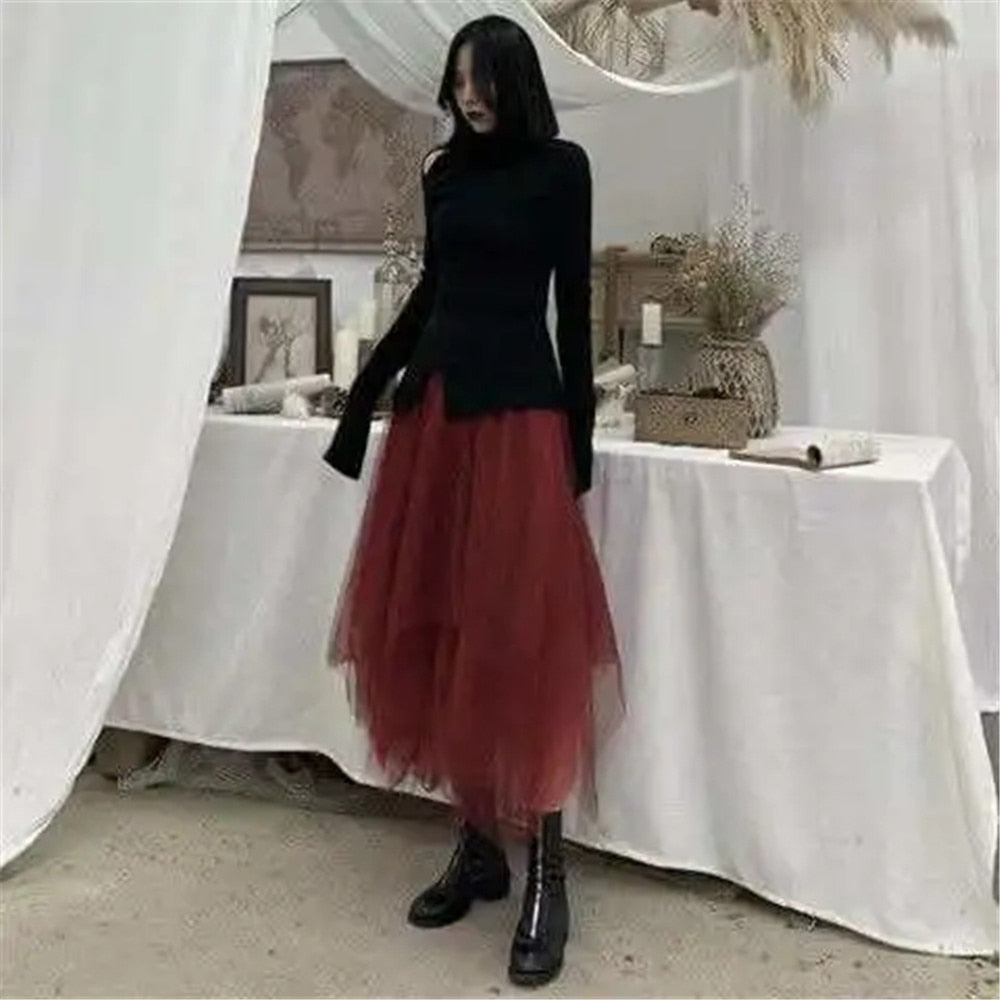 flowersverse Back to college outfits Gothic Gray Tulle Long Irregular Pleated Skirts Elastic High Waist A-Line Mesh Midi Skirts Vintage Punk Streetwear Streetwear fx0615