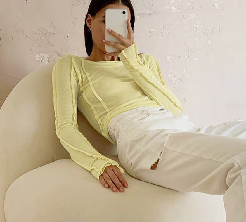flowersverse Bodycon White O-Neck Women'S T-Shirt Elegant Yellow Long Sleeve Fall Tee Shirt Casual Slim Elastic Solid Top Female