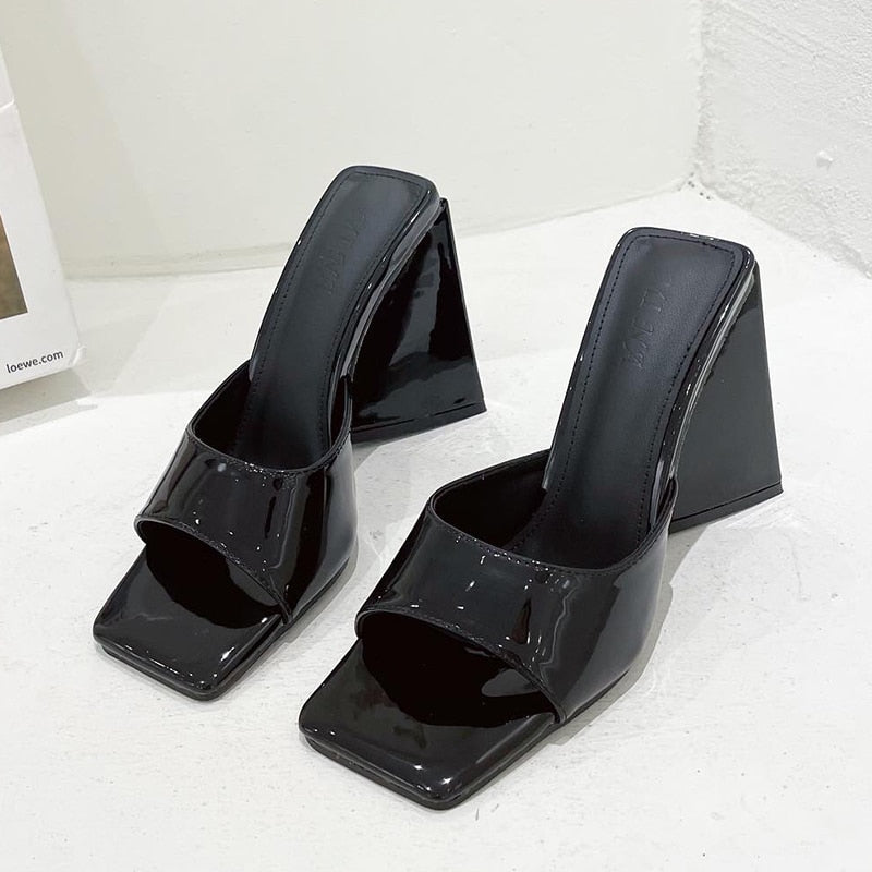 flowersverse Women Design 10cm High Heels Slides Mules Summer Peep Toe Patent Leather Green Yellow Thick Block Heels Slippers Party Shoe