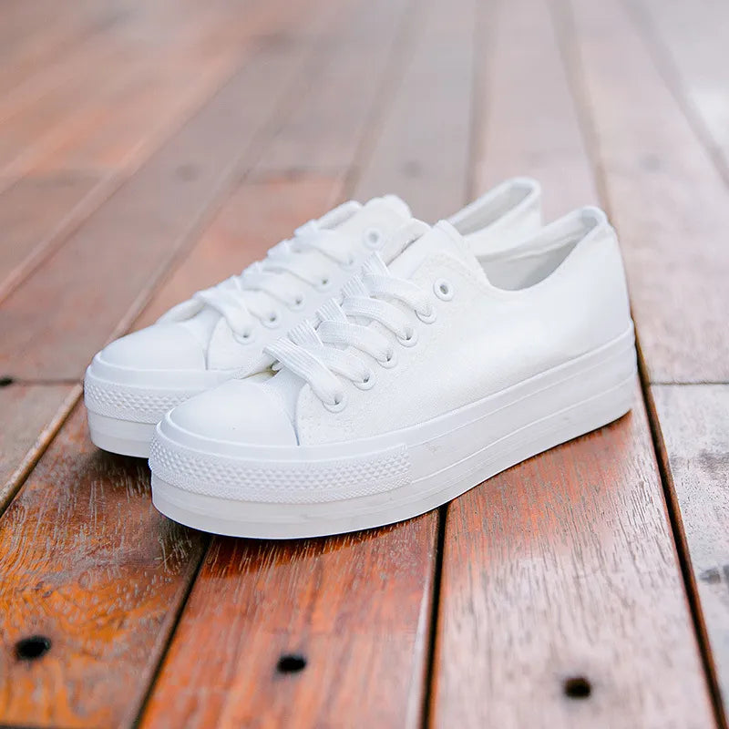 flowersverse-White Woman Casual Shoes Spring Autumn Female Canvas Shoes Thick Bottom Lace Up Ladies Flats Fashion High Quality Footwear