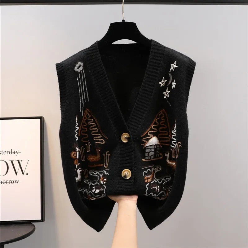 flowersverse Autumn Sweater Knitted Vest Korean Top For Women Clothing Oversize Vintage Sleeveless Korean Fashion Harajuku V-Neck Cardigans