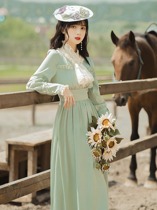 flowersverse Back to school Cottagecore Green Prairie Chic Dress Women Vintage Lace Patchwork Lantern Sleeve Long Maxi Dresses Retro Princess Vestido Mujer