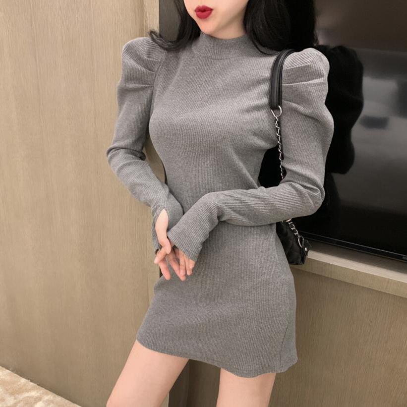 flowersverse Autumn Knitted One-Piece Dress Korean Women Winter Warm Puff Long Sleeve Sexy Mini Dress Bodycon Black Dresses Kpop