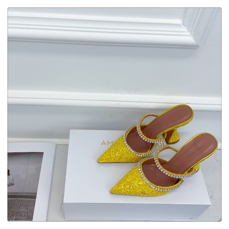 flowersverse Summer New Pointed Toe Rhinestone Sequined Stiletto Slippers Leopard Print Baotou Half Drag Sandals