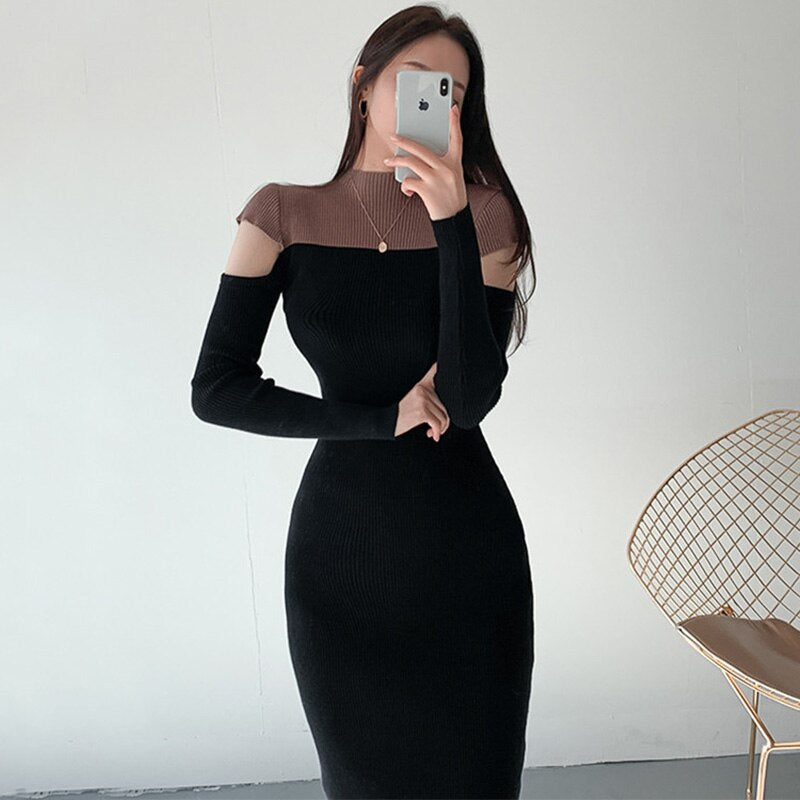 flowersverse Back to school outfit Women Dresses Winter Autumn Korean Chic French Elegant Shoulder-Hollowed Contrasted-Color Female Knitted Vestidos