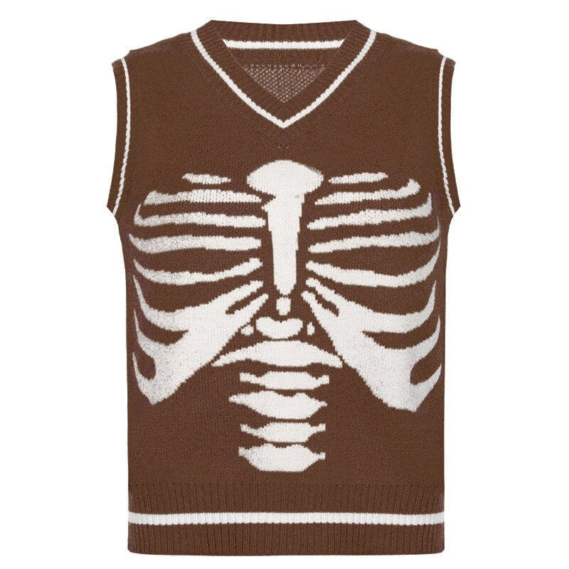 flowersverse Autumn V-Neck Sweater Vest Sternum Skull Printed Knitted Vest Skeleton Loose Casual Sleeveless Top Preppy Style Tops Women