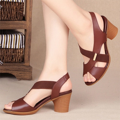flowersverse Women Ankle Strap Sandals Peep Toe High Heels Rome Summer Women's Thick Heel Comfortable Shoes Ladies Fashion PU Footwear