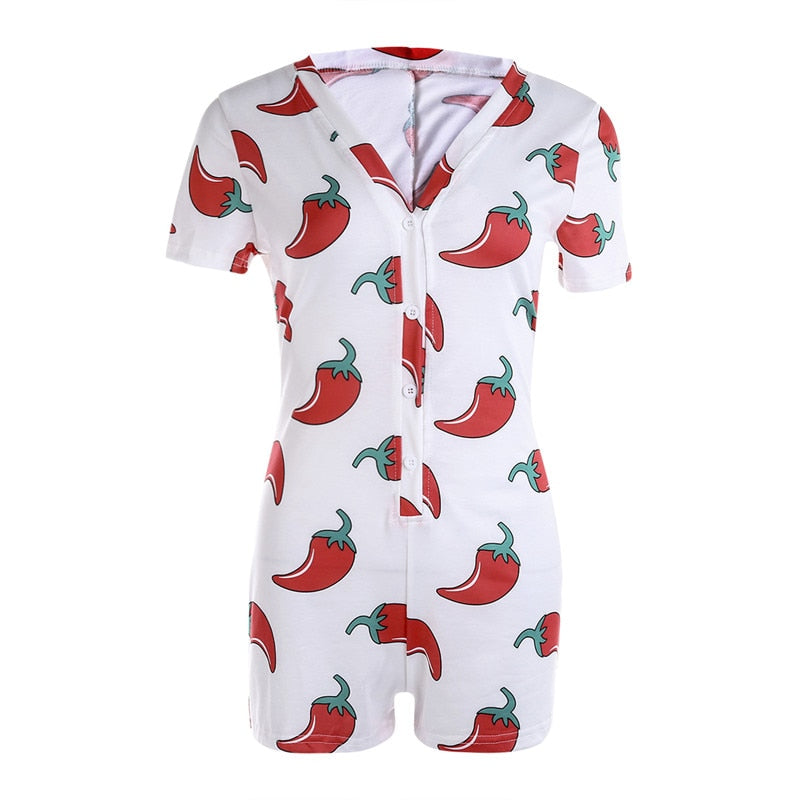 flowersverse Women V-Neck Bodycon Bodysuit Casual Printed Button Sleepwear Jumpsuit Shorts Romper Leotard Ladies Summer Pajamas Hot