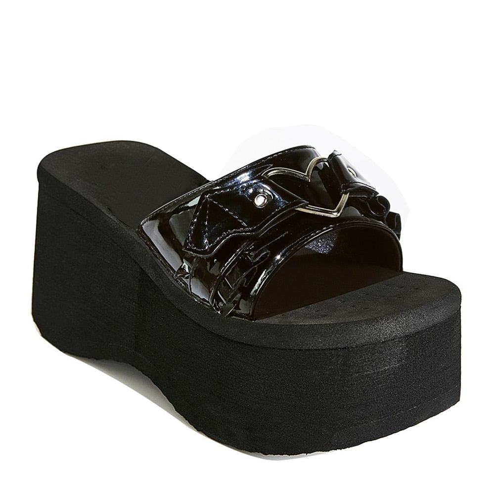 flowersverse Summer Double Strap Buckles Platform Wedges Fashion Goth Slippers Hot Women's Matal Sandal For Comfy Black Shoes