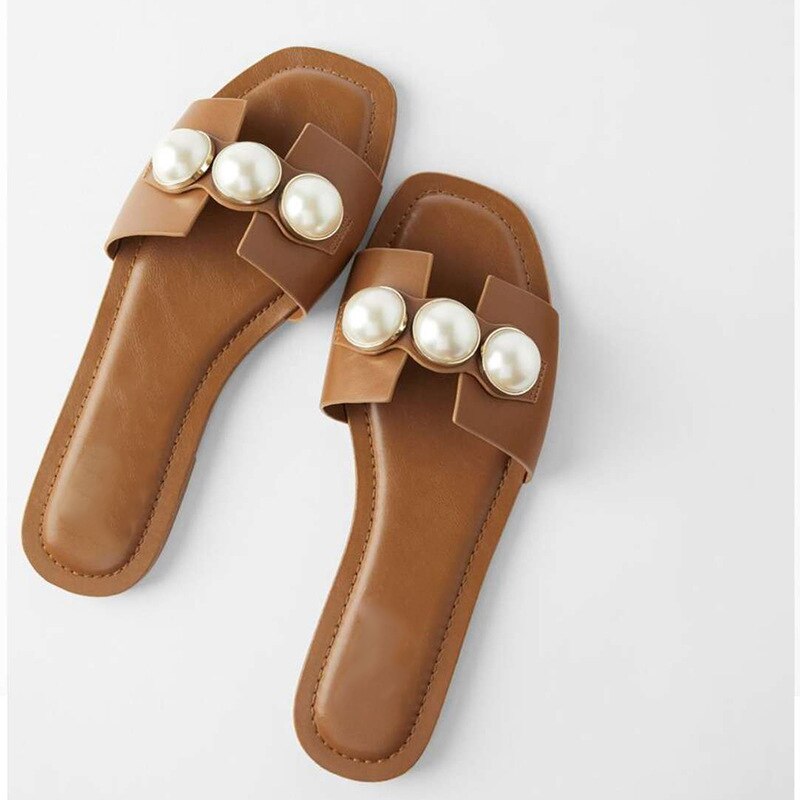 flowersverse Fashion Flat Slippers Party shoes Fulgurant Pearl Sandals thin Belt Roman Flat Women Flip Flops Casual Beach