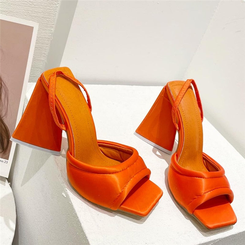 flowersverse Women Design 11cm High Heels Slides Mules Summer Silk Thick Block Heels Sandals Slingback Orange Slipper Party Chunky Shoes